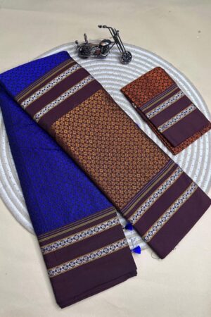 brown and blue half and half kanna saree