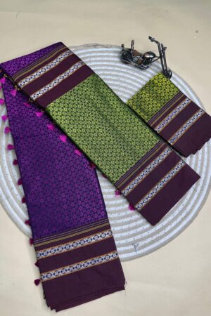 green and purple half and half kanna saree