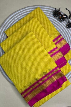 yellow and pink tana kaddi checks silk pallu