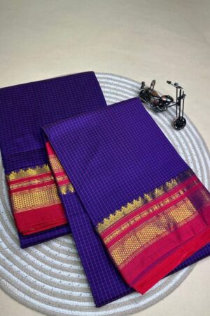deep blue and red tana kaddi checks silk pallu saree | ikatra