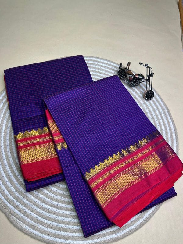 deep blue and red tana kaddi checks silk pallu saree | ikatra deep blue and red tana kaddi checks silk pallu saree | ikatra