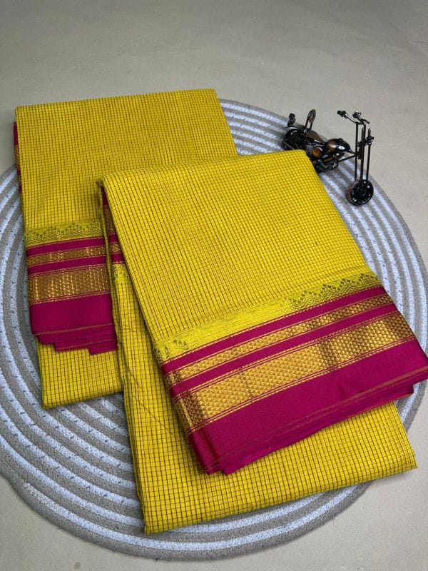yellow and red tana kaddi checks silk pallu saree | ikatra yellow and red tana kaddi checks silk pallu saree | ikatra