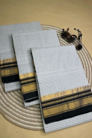 white and black tana kaddi checks silk pallu saree | ikatra