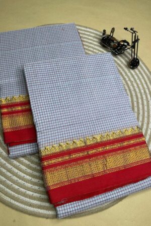 grey and red tana kaddi checks silk pallu saree | ikatra