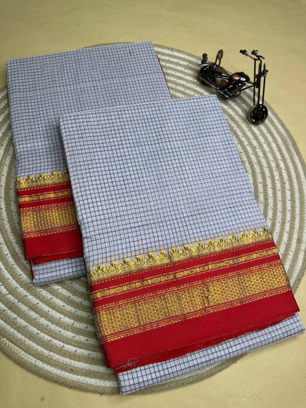 grey and red tana kaddi checks silk pallu saree | ikatra grey and red tana kaddi checks silk pallu saree | ikatra