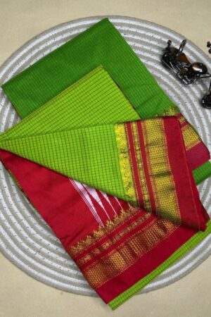 light green and red tana kaddi checks silk pallu saree | ikatra