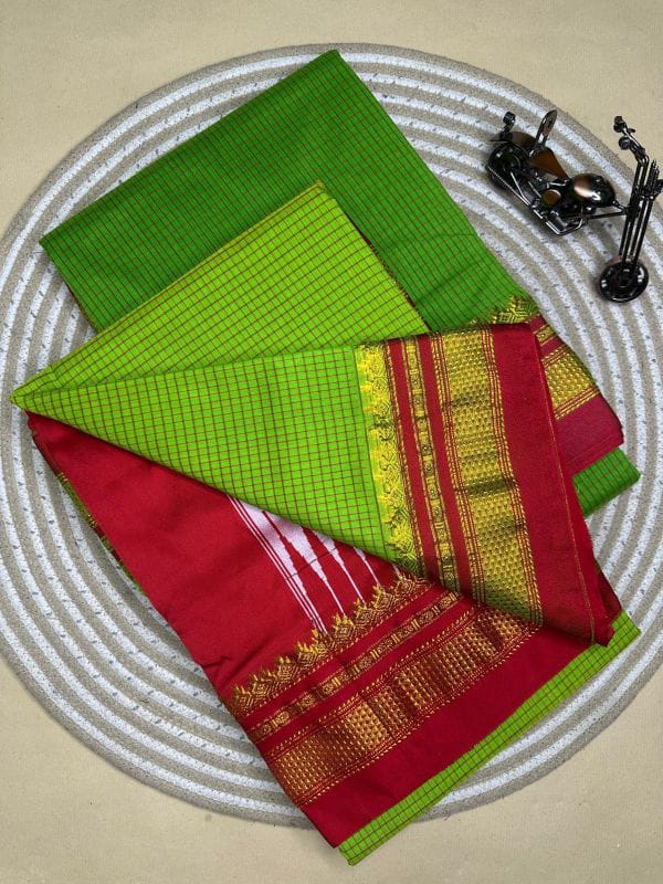 light green and red tana kaddi checks silk pallu saree | ikatra light green and red tana kaddi checks silk pallu saree | ikatra